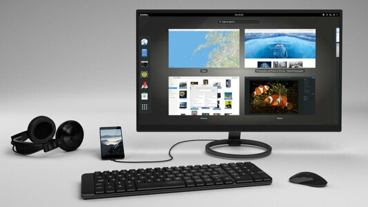 A picture showing a Linux phone connected to an external monitor, mouse and keyboard

Image licensed CC BY-SA 4.0 by Purism
