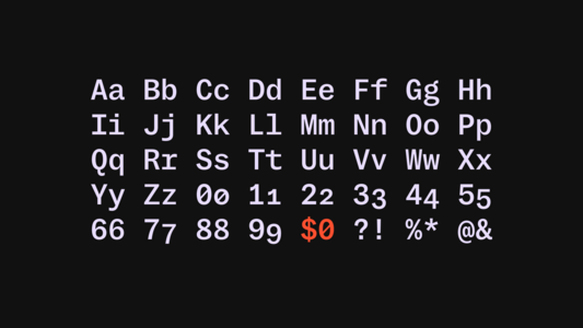 Alphabet and numbers in a monospaced typeface (MD System Mono, to be exact), arranged in a grid. In the bottom row, ‘$0’ (zero dollars) is highlighted in bright red.